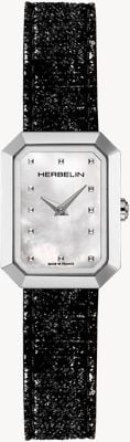 Herbelin Women's Octogône (20.4mm) Mother-of-Pearl Dial / Black Glitter Leather Strap 17446AP19