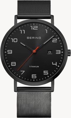 Bering Titanium Quartz (40mm) Black Sunray Dial / Black Milanese Mesh Strap Watch 18640-122