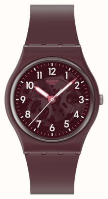 Swatch THRU THE CROWN GLASS (34mm) Transparent Burgundy Dial / Burgundy Bio-Sourced Material Strap SO28R115