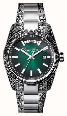 Thomas Sabo Rebel At Heart 'Revive' (40mm) Smoke Green Sunburst Dial / Engraved Stainless Steel Bracelet WA0440-201-211-40