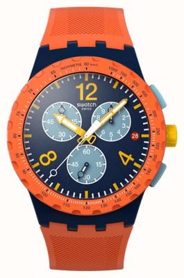 Swatch CAMO FLASH (42mm) Textured Dark Blue Dial / Orange Silicone Strap SUSI400