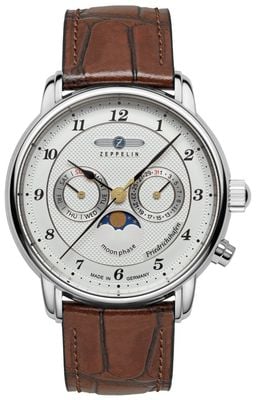 Zeppelin Friedrichshafen Day/Date Moonphase (40mm) Silver Clous de Paris Dial / Brown Leather Strap 8536-1
