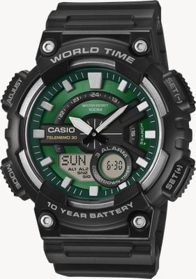 Casio Telememo 30 World Time Multi-Function (48.2mm) Green Dial / Back Resin Band AEQ-110W-3A2VEF