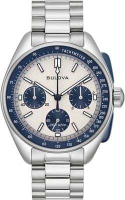 Bulova Lunar Pilot Heritage Chronograph (43.5mm) White Dial / Stainless Steel + Blue Leather Strap Set 98K112