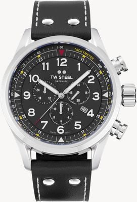 TW Steel Swiss Volante Chronograph (48mm) Satin Black Dial / Black Smooth Italian Calf Leather Strap SVS202