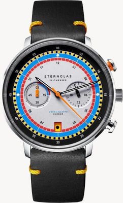 STERNGLAS Hamburg Mecha-Quartz Regatta Chronograph (42mm) Silver Dial / Vintage Nero-Yellow Leather Strap S01-HC36-VI22