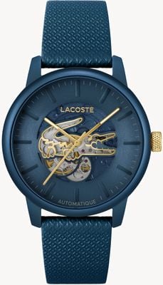 Lacoste Men's 12.12 Automatic (44mm) Blue Open Heart Dial / Blue Leather Strap 2011385