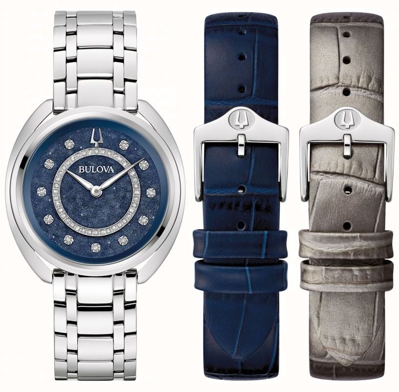 Bulova Women s Classic Duality Set Blue Dial Stainless Steel Blue Leather Grey Leather 96X160