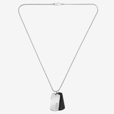 BOSS Jewellery Devon Stainless Steel Black Leather Dog Tag Necklace 1580760
