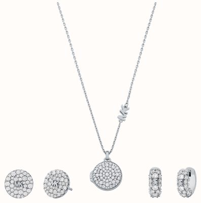 Michael Kors Sterling Silver Cubic Zirconia Locket Pendant Necklace Stud Earrings Hoop Earrings Gift Set MKC1700SET