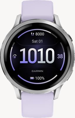 Garmin Venu 4 - AMOLED Health and Fitness Smartwatch (41mm) Silver With Periwinkle Silicone Band 010-03013-01