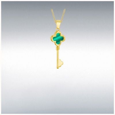 9ct Yellow Gold 9mm Malachite Clover Key Pendant 1.63.3536