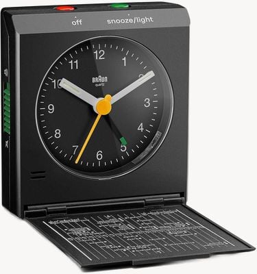 Braun BC05 Classic Analogue Travel Alarm Clock - Black - W7.2cm x H7.8cm BC05B