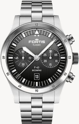 FORTIS Flieger F-43 Bicompax Black (43mm) Stainless Steel Block Bracelet F4240006