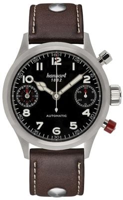 Hanhart PIONEER TwinDicator Automatic Chronograph (45mm) Black Dial / Dark Brown Leather Strap - M 730.210-0110