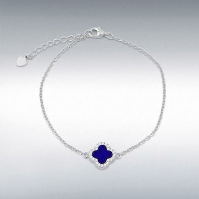 Sterling Silver Rhodium Plated 11mm Clover Syn Blue Lazurite and 1.1mm White CZ Adjustable Bracelet 8.23.8142