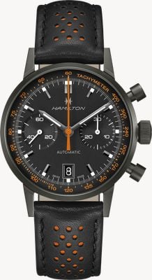 Hamilton American Classic Intra-Matic Auto Chrono (40mm) Black & Orange Dial / Black Perforated Leather Strap H38446732