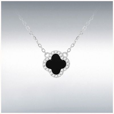 Sterling Silver Rhodium Plated 11mm Clover Black Agate and 1.1mm White CZ Adjustable Necklace 8.13.8050