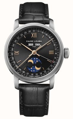 Favre Leuba 1737 Triple Calendar Moonphase Automatic (39mm) Black Sunray-Brushed Dial / Black Leather Strap 00.20501.108.01.101