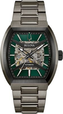 Bulova Maquina Automatic (40mm) Green Skeleton Dial / Gun-Metal PVD Stainless Steel Bracelet 98A321