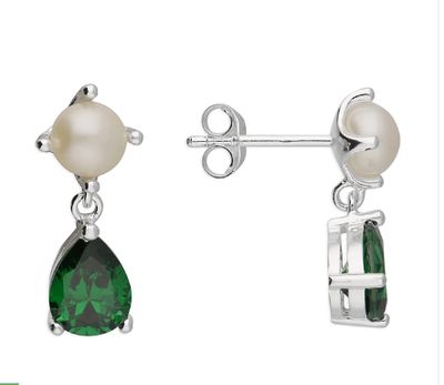 Silver FWP Stud With Green Cubic Zirconia Pear Drop H6542/S