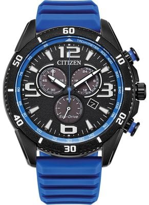 Citizen Eco-Drive Sport Chronograph (45mm) Black Dial / Blue Silicone Strap AT2586-05E