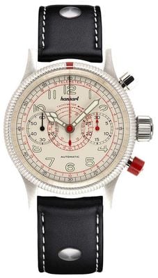 Hanhart PIONEER TachyTele Automatic (40mm) Antique White Dial / Black Leather Rivet Strap - M 712.200-0010