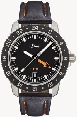 Sinn 105 St Sa UTC Black Dial / Black Cowhide Leather Watch 105.020 COWHIDE ORANGE STITCH