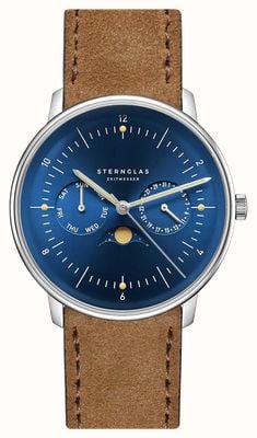 STERNGLAS Naos Moonphase Quartz (38mm) Midnight Blue Sunray Dial / Brown Suede Strap S01-NM06-WL01