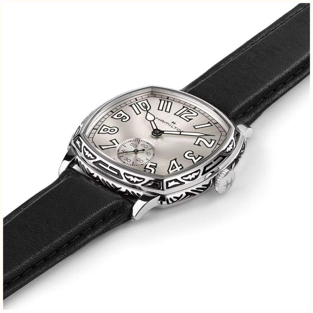 Hamilton American Classic Cushion Mechanical (34mm) Silver Sunray Dial / Black Leather Strap Watch H36149710 - alternate view 3