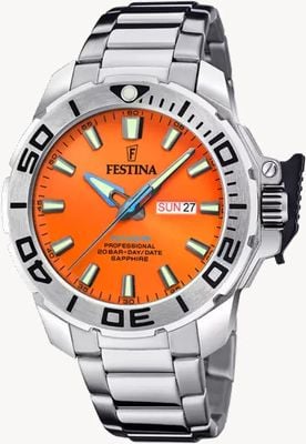 Festina Diver Professional Day/Date (46.3mm) Orange Dial / Stainless Steel Bracelet F20665/5