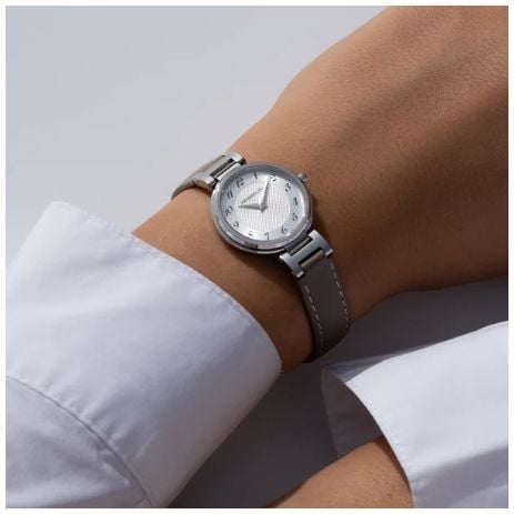 Herbelin Lady H Quartz (26mm) Silver 'Clous de Paris' Guilloché Dial / Taupe Leather Strap 17512AP28TA - alternate view 4
