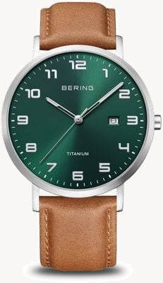 Bering Titanium | Green Sunray Dial With Date Window | Brown Leather Strap | Brushed Titanium Case 18640-568