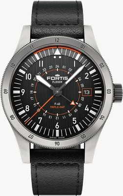 FORTIS Flieger F-43 Triple-GMT Original (43mm) Black Leather Aviator Strap F4260001