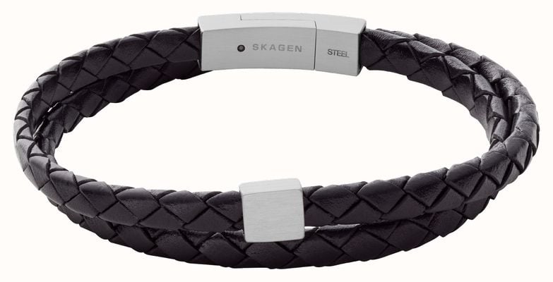 Skagen Ankor Black Leather Stainless Steel Double Strand Bracelet SKJM0184040