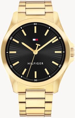 Tommy Hilfiger BRUCE Three-Hand Quartz (42mm) Black Dial / Gold PVD Stainless Steel Bracelet 1792241