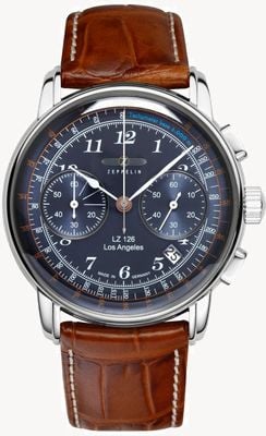 Zeppelin LZ 126 Los Angeles Quartz Chronograph (42mm) Blue Dial / Brown Leather Strap 7614-3