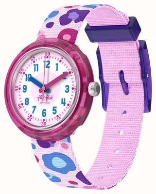 Flik Flak TIME TO ROAR (31.85mm) White and Pink Dial / Pink Leopard Patterned Strap FPNP166