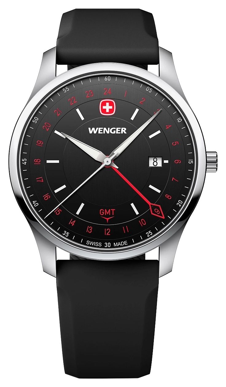 Wenger 01.1442.102 City GMT Quartz (42mm) Brushed Black Dial Watch
