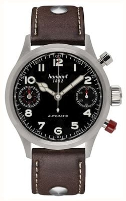 Hanhart PIONEER TwinDicator Automatic Chronograph (45mm) Black Dial / Dark Brown Leather Strap - M 730.210-0110