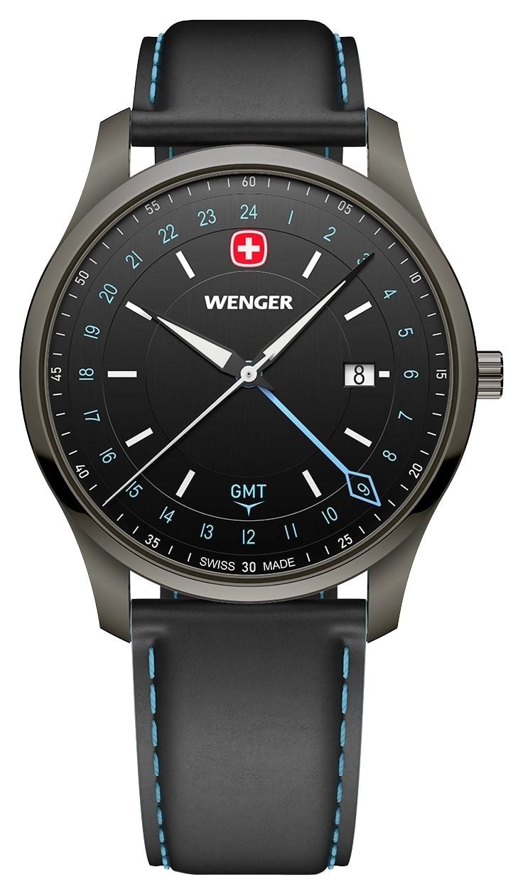 Wenger 01.1442.105 City GMT Quartz (42mm) Brushed Black Dial Watch