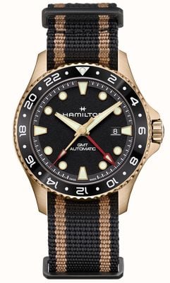 Hamilton Khaki Navy Scuba Automatic GMT Bronze (43mm) Grained Black Dial / Black & Gold NATO Strap H82565930