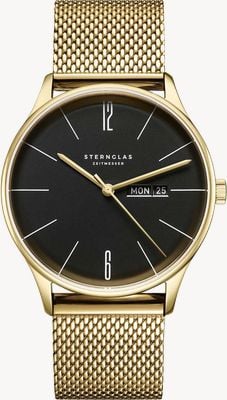 STERNGLAS Berlin Quartz (38mm) Piano Black Dial / Gold Milanaise 20 Stainless Steel Mesh Bracelet S01-BE04-MI05