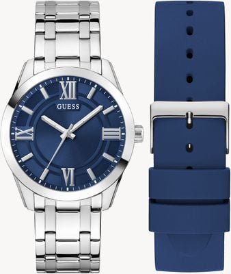 Guess ELLIOT Three-Hand Quartz - Gift Set (44mm) Blue Dial / Steel Bracelet & Blue Rubber Strap GW1008G1