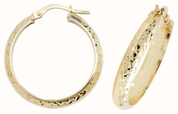 James Moore TH 9ct Yellow Gold 20mm Diamond Cut Hoop Earrings ER1044-20