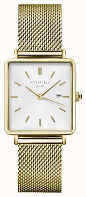 Rosefield Boxy (26mm) White Dial / Gold-Plated Stainless Steel Mesh Bracelet QWSG-Q03