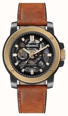 Ingersoll THE FREESTYLE Automatic (45.5mm) Black Skeleton Dial / Brown Leather Strap I14402