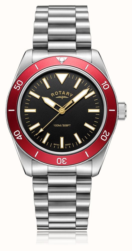 Rotary Men s Sport Diver 41mm Black Dial Red Bezel Stainless Steel Bracelet GB05660 81