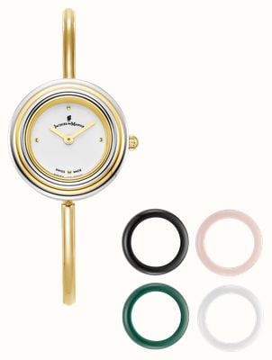 Jacques Du Manoir Aurora Watch & Topring Boxset (26mm) White Dial / Gold PVD Bangle Braclet JWL05401