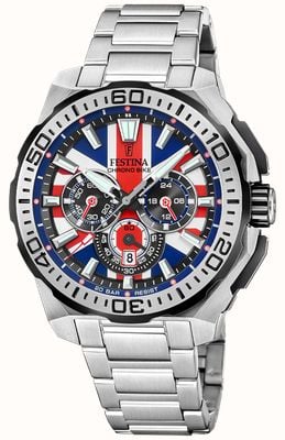 Festina Chrono Bike 2025 UK Limited Edition (45.5mm) Union Jack Dial / Steel Bracelet + Black Rubber Strap F20724/A
